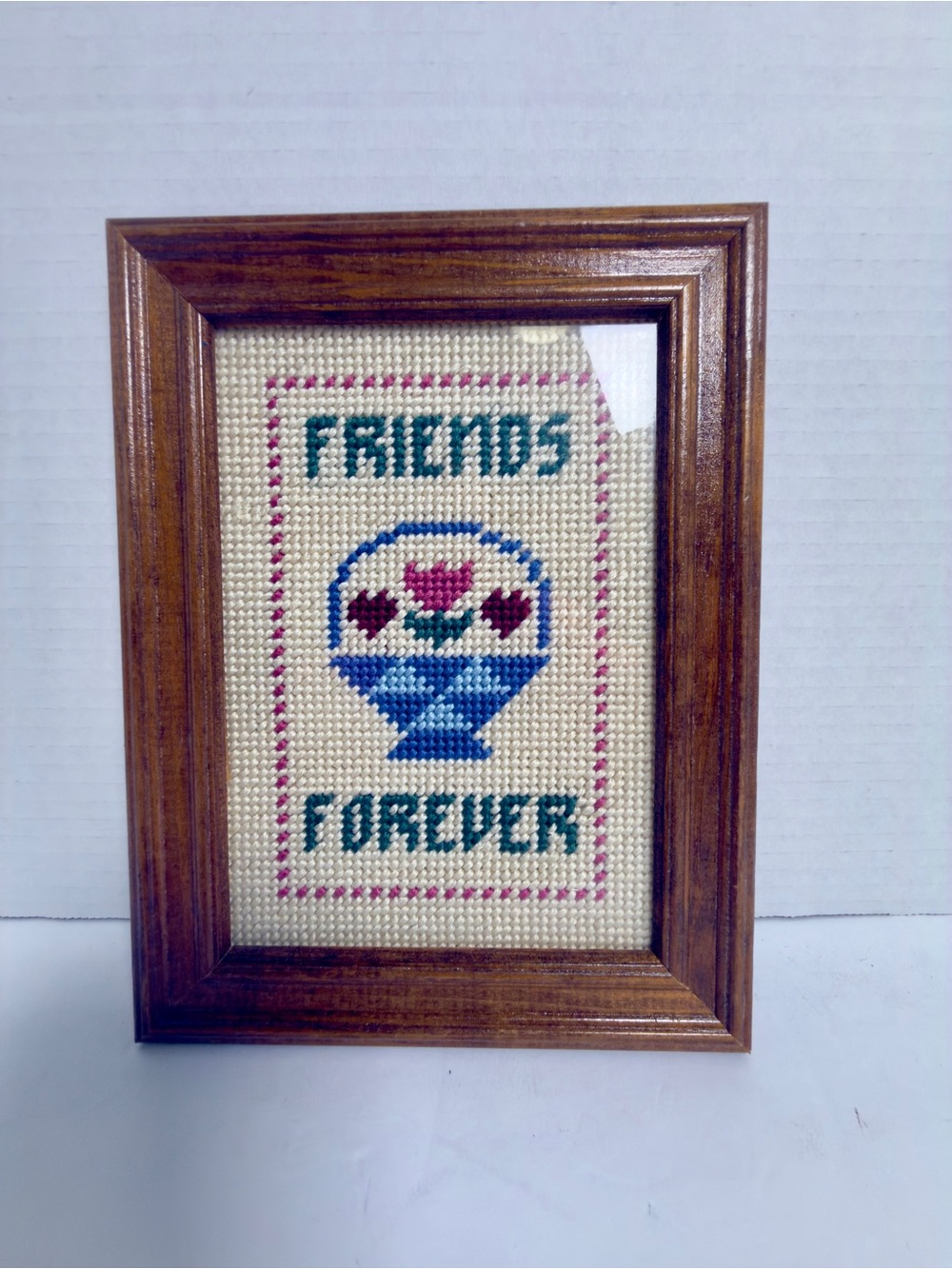 Framed "Friends Forever" Cross-Stitch Wall Accent in Blue and Pink